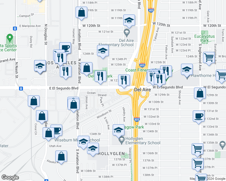 map of restaurants, bars, coffee shops, grocery stores, and more near 5361 El Segundo Boulevard in Hawthorne