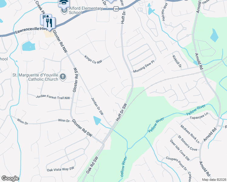 map of restaurants, bars, coffee shops, grocery stores, and more near 68 Gloster Park Court in Lawrenceville