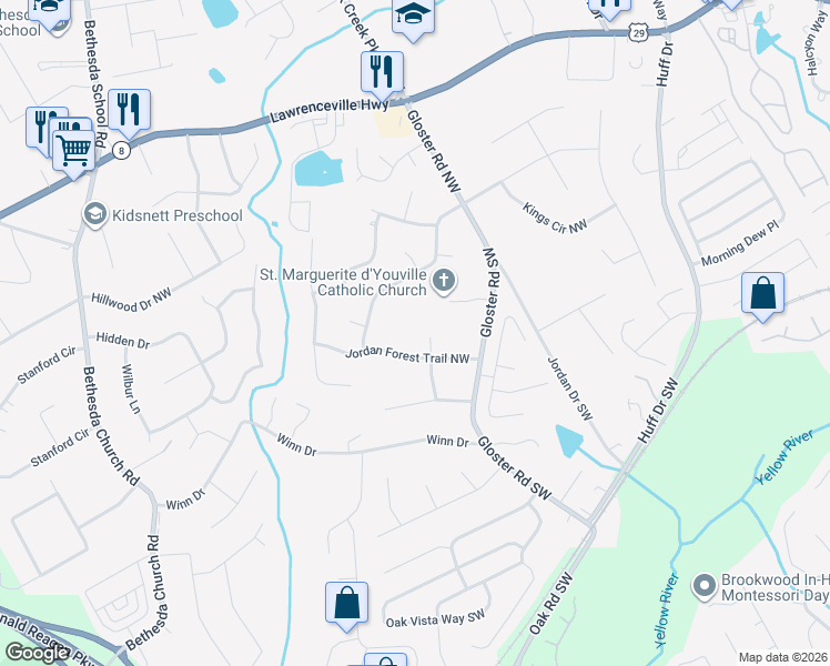 map of restaurants, bars, coffee shops, grocery stores, and more near 61 Jordan Court Northwest in Lawrenceville