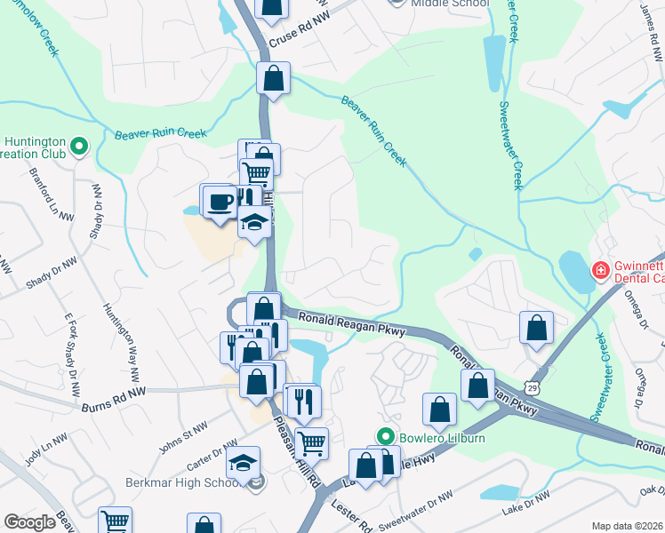 map of restaurants, bars, coffee shops, grocery stores, and more near 3727 Charles Street Northwest in Lilburn