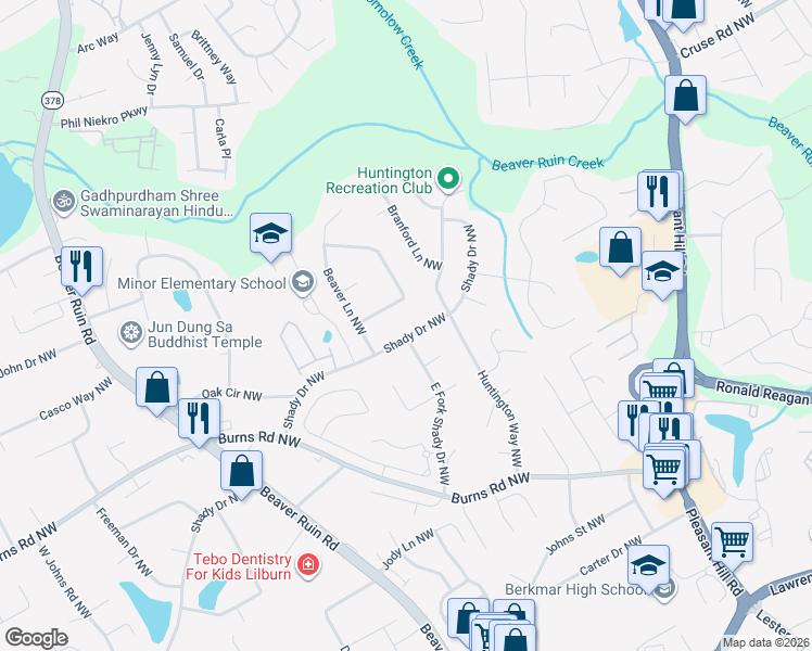 map of restaurants, bars, coffee shops, grocery stores, and more near 4007 Shady Circle Northwest in Lilburn