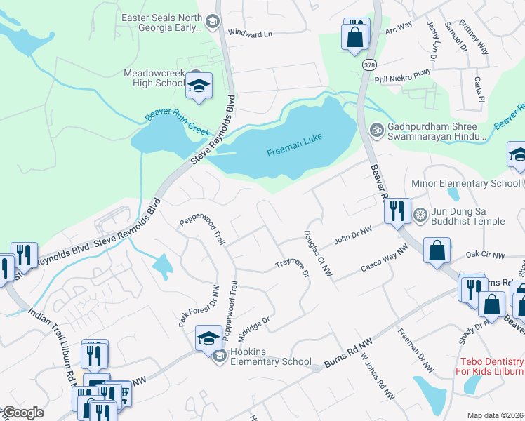 map of restaurants, bars, coffee shops, grocery stores, and more near 1118 Brockdell Court in Norcross