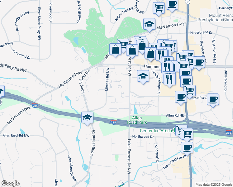 map of restaurants, bars, coffee shops, grocery stores, and more near 140 Grosvenor Place Northwest in Atlanta