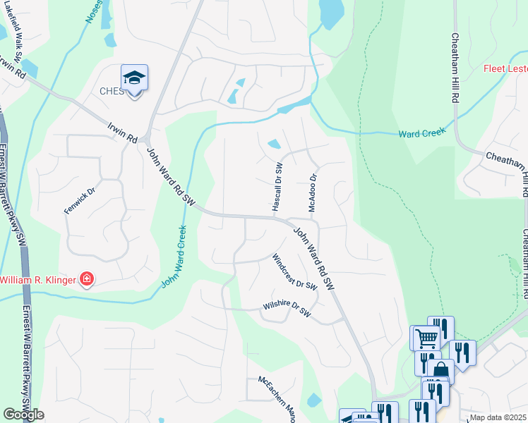 map of restaurants, bars, coffee shops, grocery stores, and more near 1533 John Ward Road Southwest in Marietta