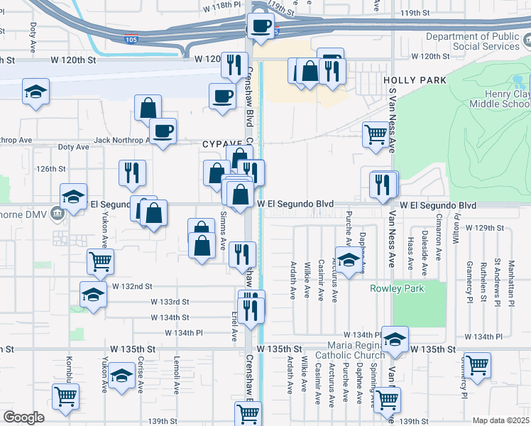 map of restaurants, bars, coffee shops, grocery stores, and more near 2936 West El Segundo Boulevard in Gardena