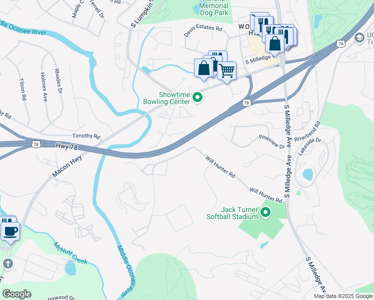 map of restaurants, bars, coffee shops, grocery stores, and more near 3001 Will Hunter Road in Athens
