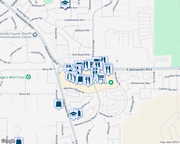 map of restaurants, bars, coffee shops, grocery stores, and more near 371 Alessandro Boulevard in Riverside