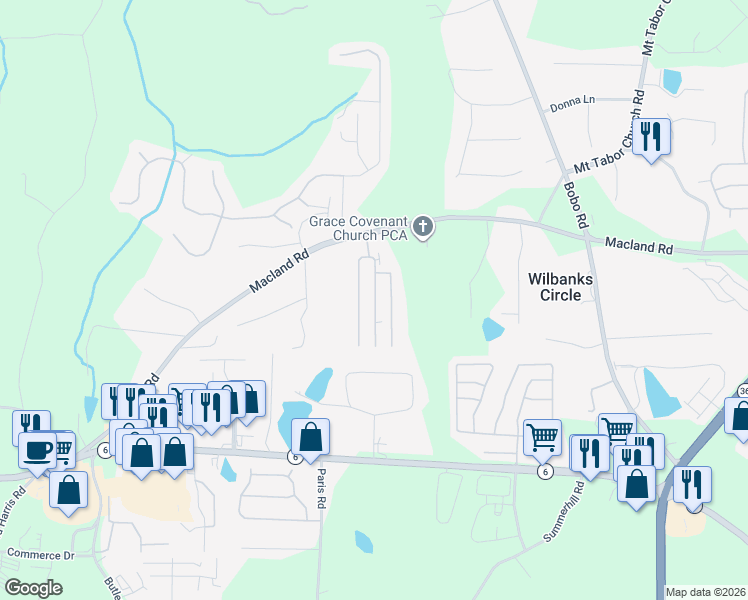 map of restaurants, bars, coffee shops, grocery stores, and more near 890 Macland Road in Dallas