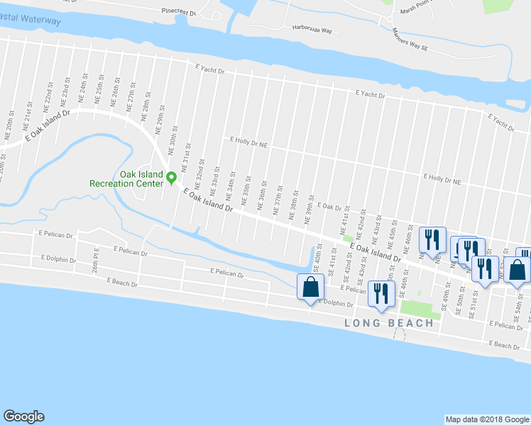 map of restaurants, bars, coffee shops, grocery stores, and more near 3604 East Oak Island Drive in Oak Island