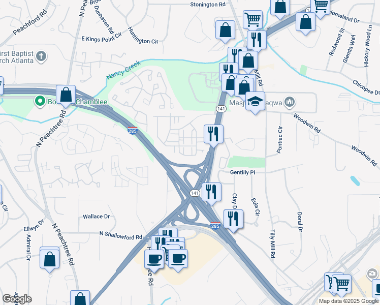 map of restaurants, bars, coffee shops, grocery stores, and more near 4325 Water Elm Alley in Doraville
