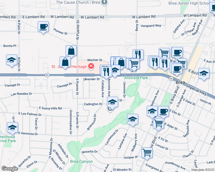 map of restaurants, bars, coffee shops, grocery stores, and more near 333 Arovista Avenue in Brea