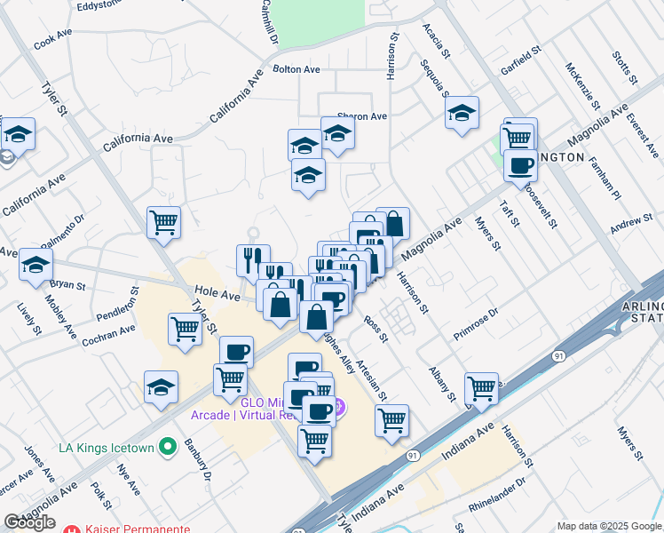 map of restaurants, bars, coffee shops, grocery stores, and more near 3898 Dawes Street in Riverside