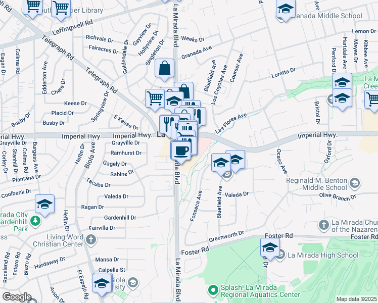 map of restaurants, bars, coffee shops, grocery stores, and more near 12764 La Mirada Boulevard in La Mirada