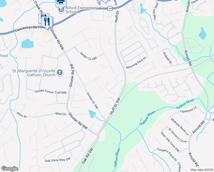 map of restaurants, bars, coffee shops, grocery stores, and more near 68 Gloster Park Court in Lawrenceville