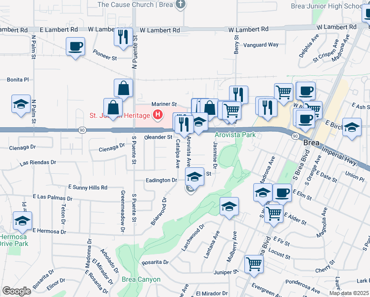 map of restaurants, bars, coffee shops, grocery stores, and more near 333 Arovista Avenue in Brea