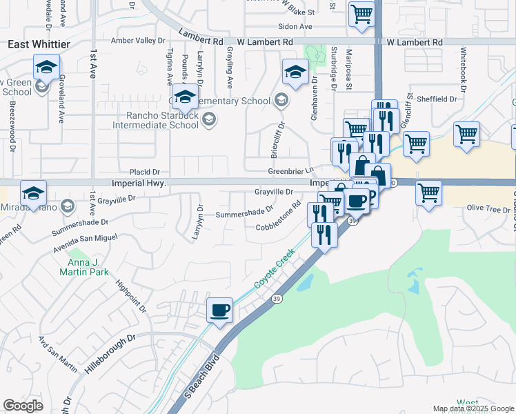 map of restaurants, bars, coffee shops, grocery stores, and more near 2541 Summershade Drive in La Habra