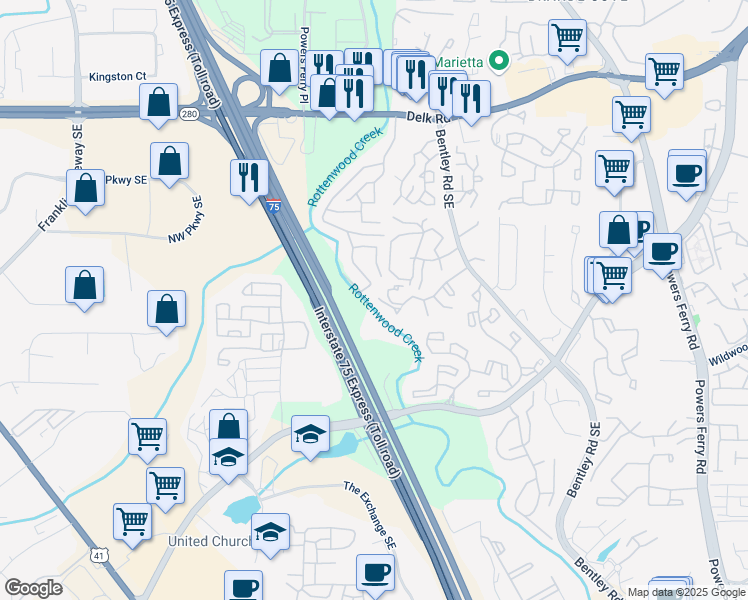 map of restaurants, bars, coffee shops, grocery stores, and more near 2716 Suwanee Way in Marietta