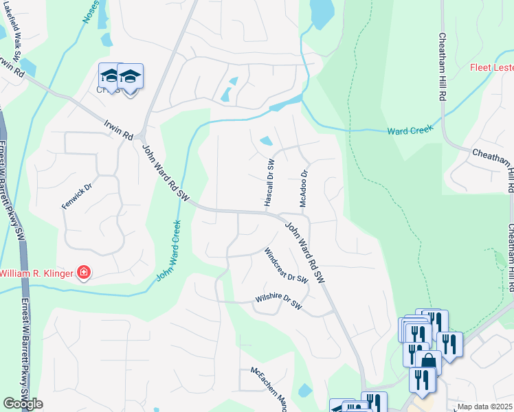 map of restaurants, bars, coffee shops, grocery stores, and more near 1533 John Ward Road Southwest in Marietta
