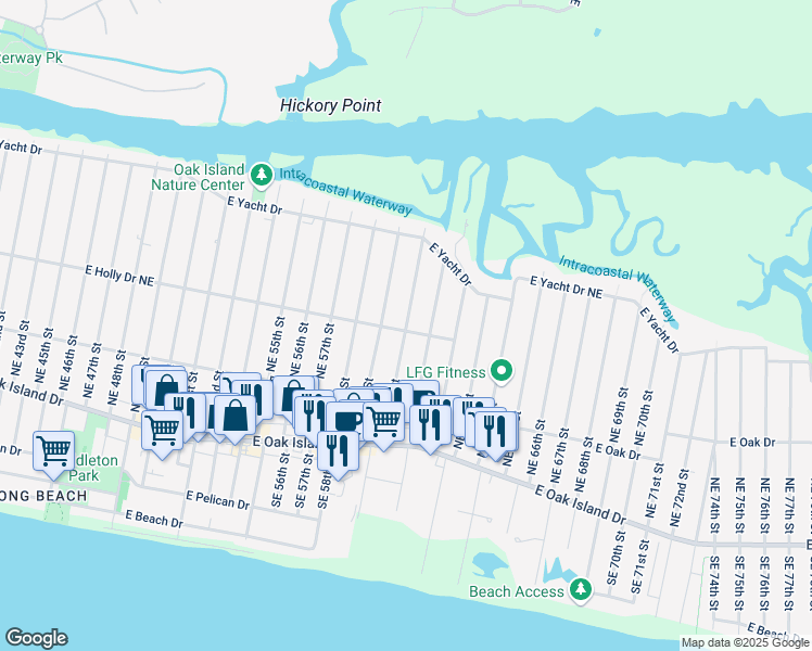 map of restaurants, bars, coffee shops, grocery stores, and more near 301 Northeast 60th Street in Oak Island