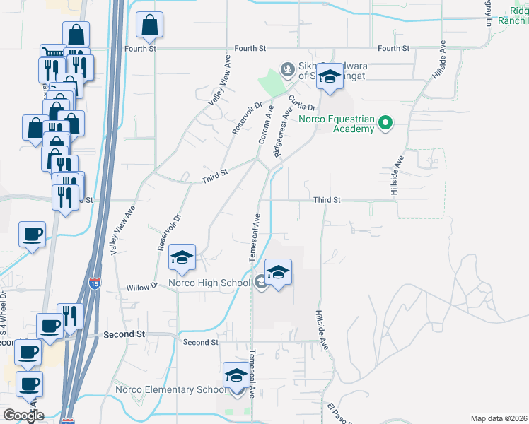 map of restaurants, bars, coffee shops, grocery stores, and more near 2381 Temescal Avenue in Norco
