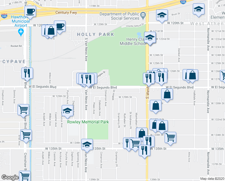 map of restaurants, bars, coffee shops, grocery stores, and more near 2020 West El Segundo Boulevard in Gardena