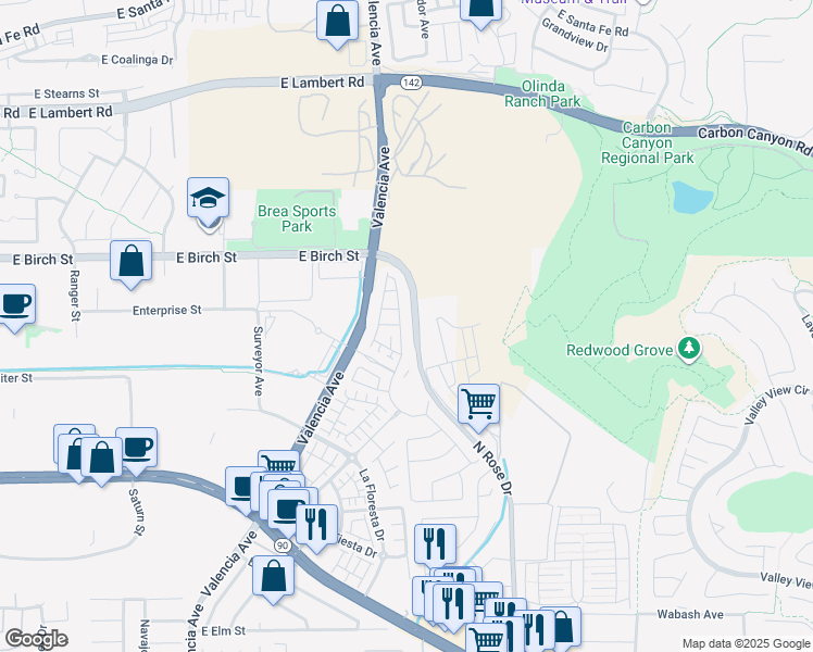 map of restaurants, bars, coffee shops, grocery stores, and more near 240 Buena Vida Drive in Brea