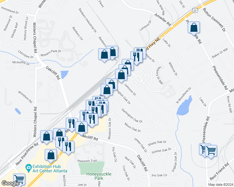 map of restaurants, bars, coffee shops, grocery stores, and more near 4260 English Oak Drive in Doraville