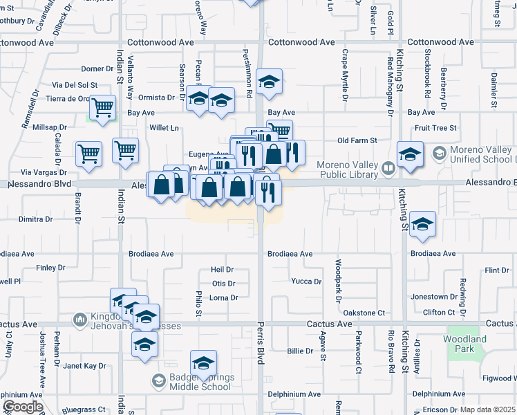 map of restaurants, bars, coffee shops, grocery stores, and more near 14049 Perris Boulevard in Moreno Valley