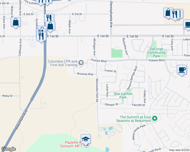 map of restaurants, bars, coffee shops, grocery stores, and more near 987 Brownie Way in Beaumont