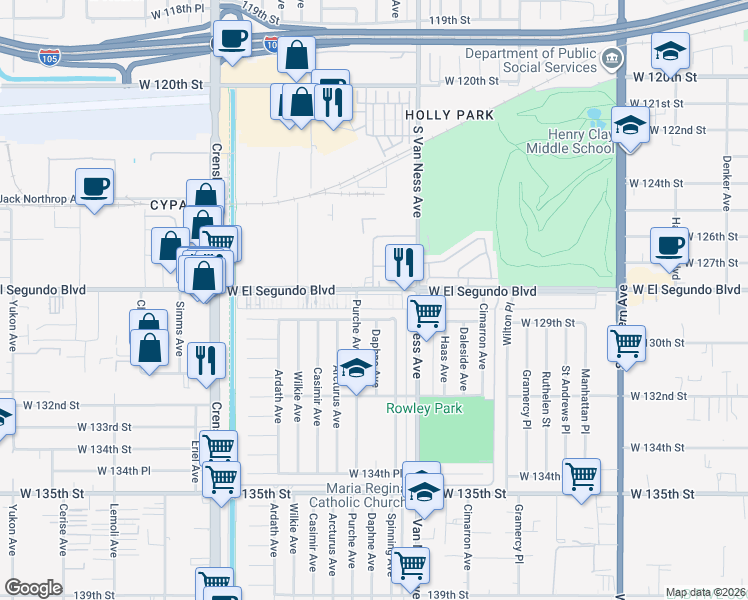 map of restaurants, bars, coffee shops, grocery stores, and more near 2404 West El Segundo Boulevard in Gardena