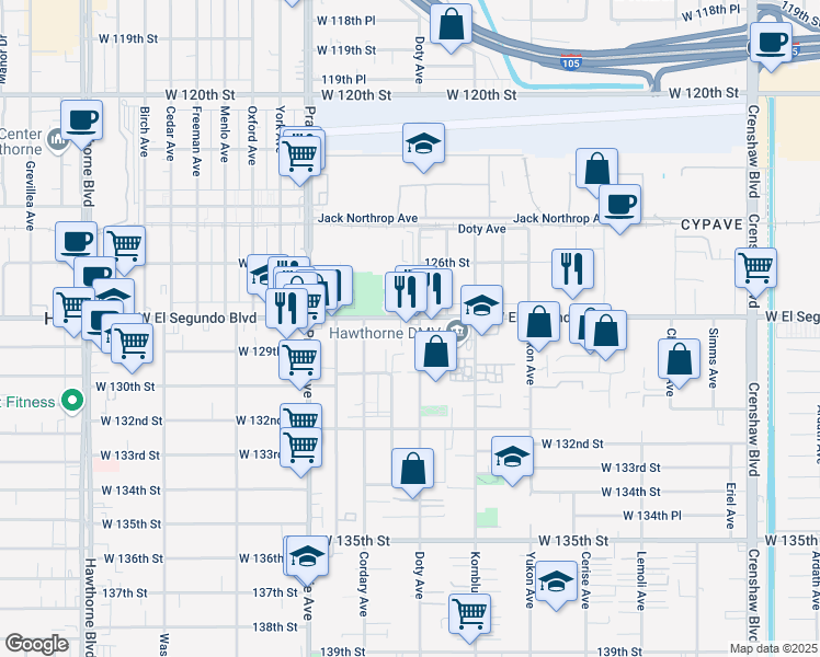 map of restaurants, bars, coffee shops, grocery stores, and more near in Hawthorne