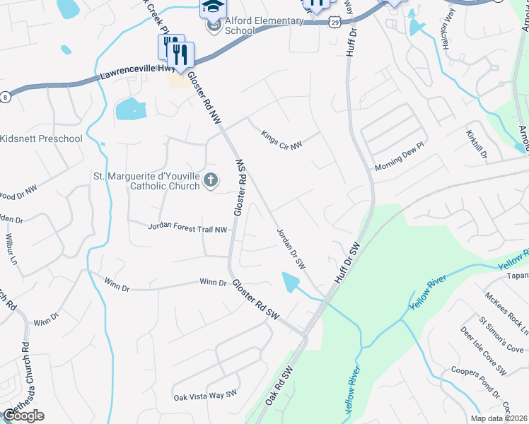 map of restaurants, bars, coffee shops, grocery stores, and more near 460 Hulan Way in Lawrenceville