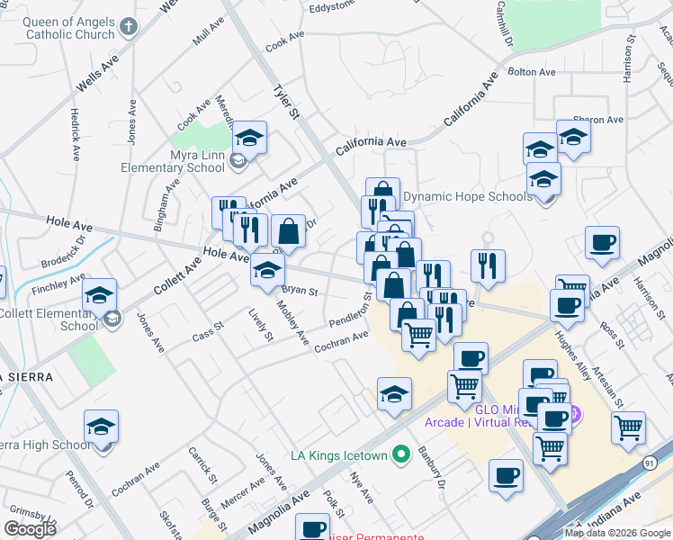 map of restaurants, bars, coffee shops, grocery stores, and more near 10396 Wagner Way in Riverside