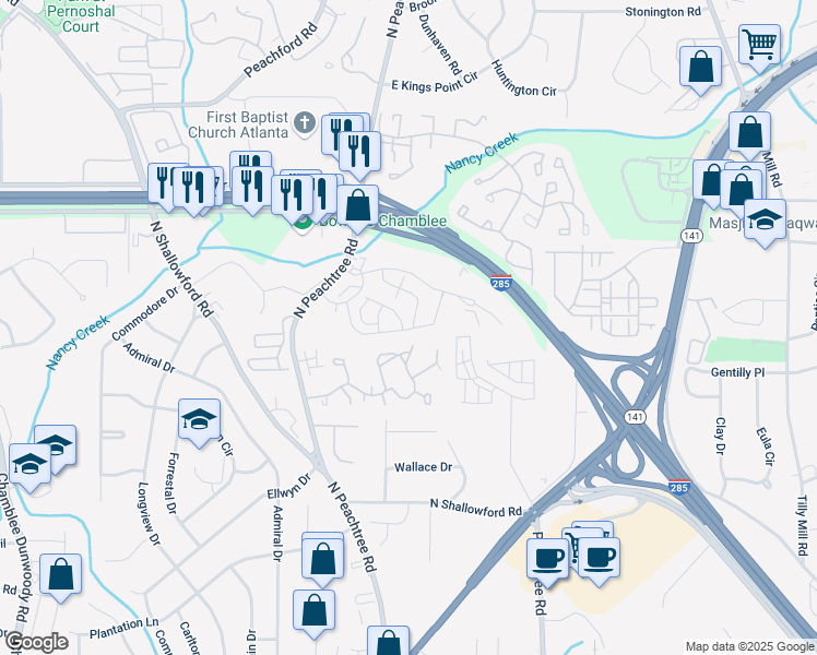map of restaurants, bars, coffee shops, grocery stores, and more near 2251 Nancy Creek Drive in Chamblee