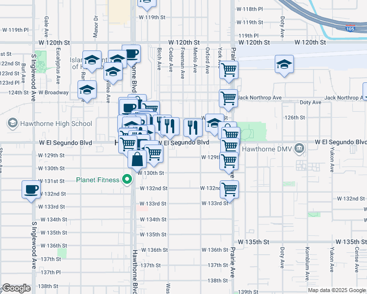 map of restaurants, bars, coffee shops, grocery stores, and more near 4207 West El Segundo Boulevard in Hawthorne
