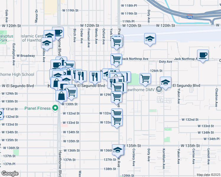map of restaurants, bars, coffee shops, grocery stores, and more near 4081 West El Segundo Boulevard in Hawthorne