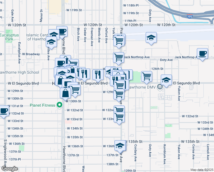 map of restaurants, bars, coffee shops, grocery stores, and more near 4081 West El Segundo Boulevard in Hawthorne