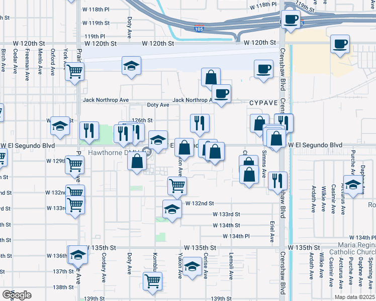 map of restaurants, bars, coffee shops, grocery stores, and more near 3547 West El Segundo Boulevard in Hawthorne