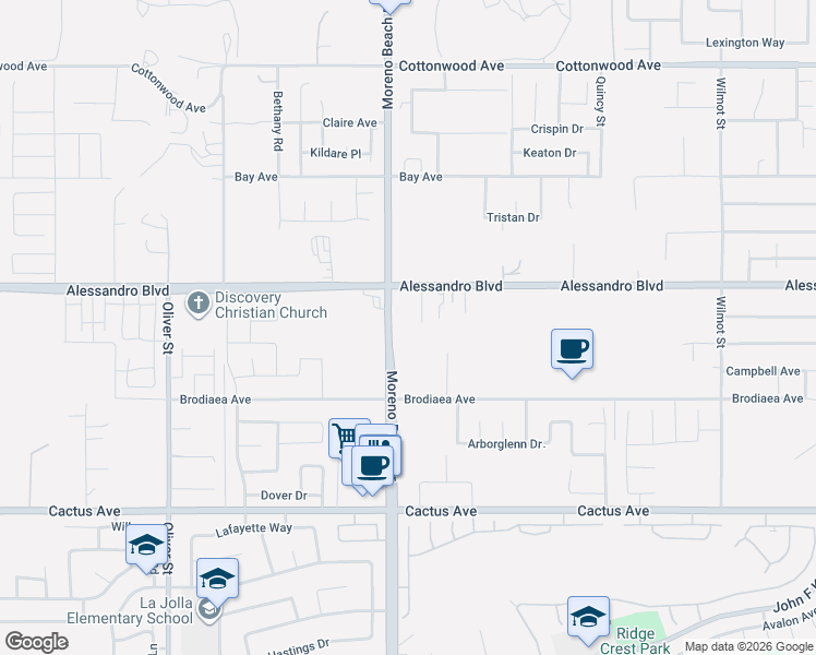 map of restaurants, bars, coffee shops, grocery stores, and more near 14000-14074 Moreno Beach Drive in Moreno Valley