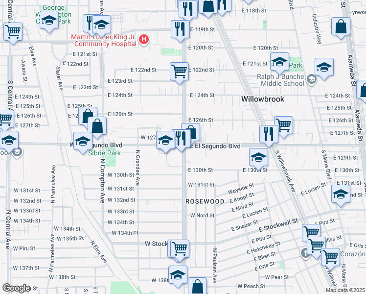 map of restaurants, bars, coffee shops, grocery stores, and more near in Willowbrook