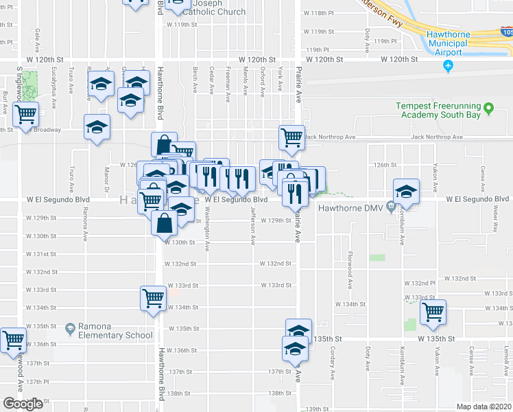 map of restaurants, bars, coffee shops, grocery stores, and more near 4141 West El Segundo Boulevard in Hawthorne