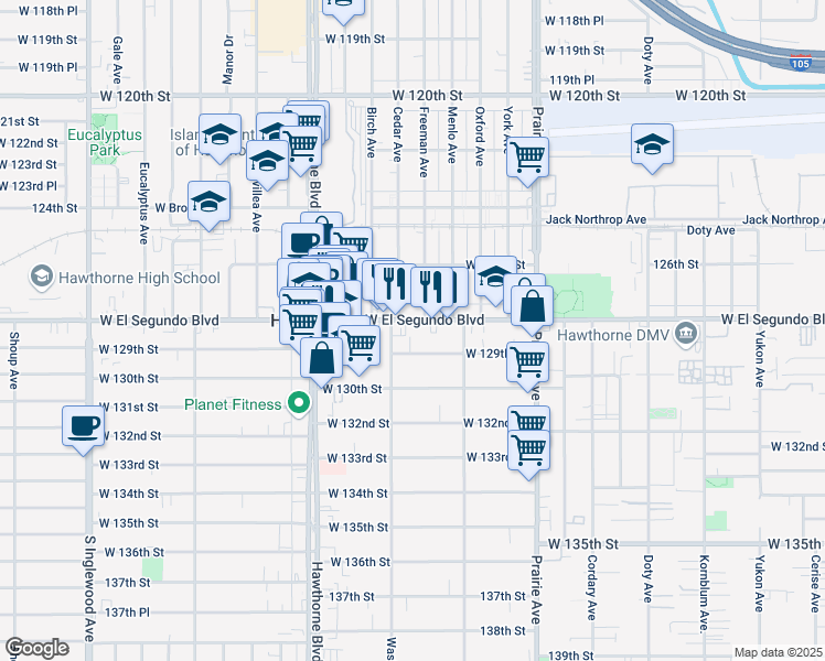 map of restaurants, bars, coffee shops, grocery stores, and more near 4207 West El Segundo Boulevard in Hawthorne