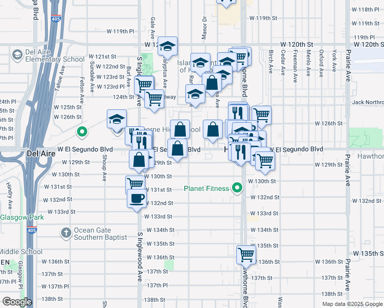 map of restaurants, bars, coffee shops, grocery stores, and more near 12721 Ramona Avenue in Hawthorne