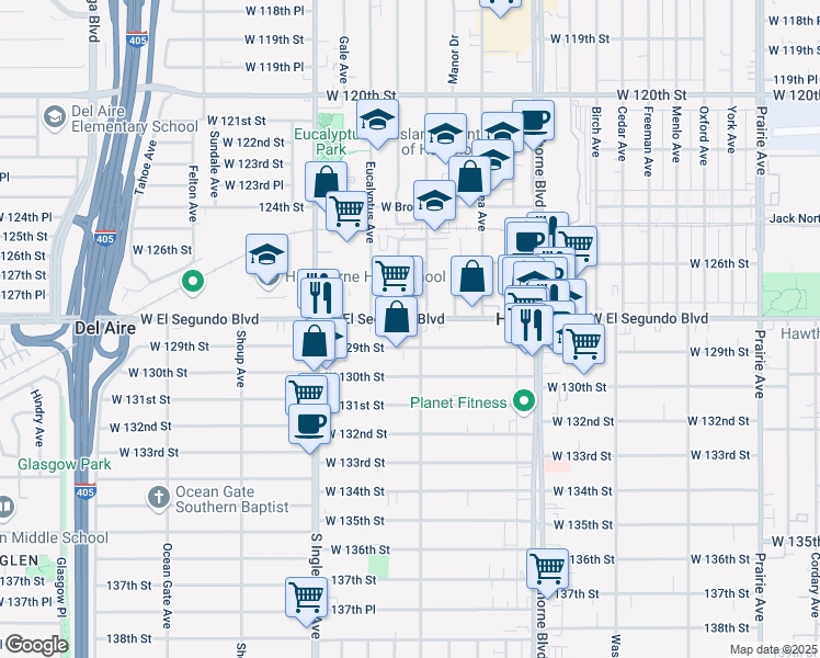 map of restaurants, bars, coffee shops, grocery stores, and more near 12721 Ramona Avenue in Hawthorne