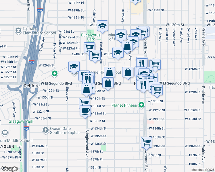 map of restaurants, bars, coffee shops, grocery stores, and more near 12721 Ramona Avenue in Hawthorne