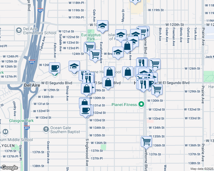 map of restaurants, bars, coffee shops, grocery stores, and more near 4701 West El Segundo Boulevard in Hawthorne