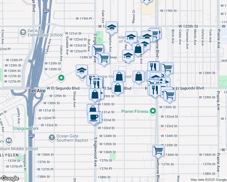 map of restaurants, bars, coffee shops, grocery stores, and more near 4701 West El Segundo Boulevard in Hawthorne