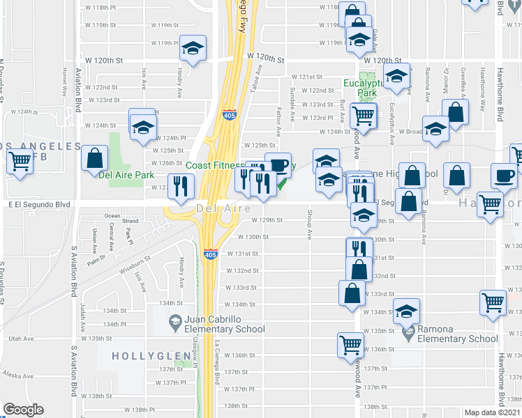 map of restaurants, bars, coffee shops, grocery stores, and more near 5033 West El Segundo Boulevard in Hawthorne