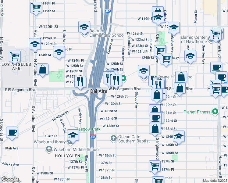 map of restaurants, bars, coffee shops, grocery stores, and more near 5127 West El Segundo Boulevard in Hawthorne