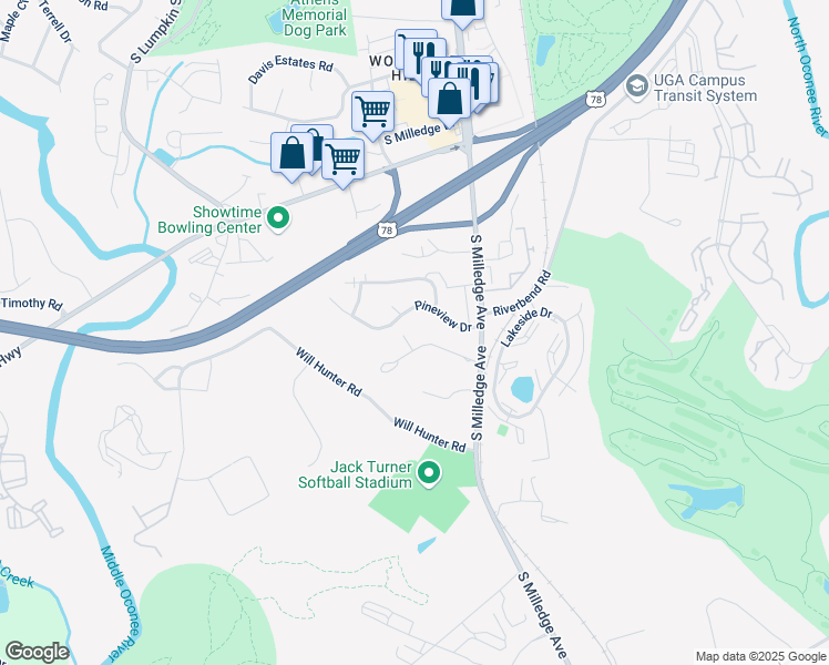 map of restaurants, bars, coffee shops, grocery stores, and more near 170 Pineview Court in Athens